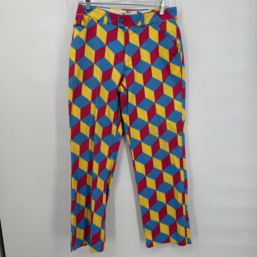 Royal & Awesome Golf Pants‎ Mens 30x30 3D Geometric Cube Pink Yellow Blue Funky